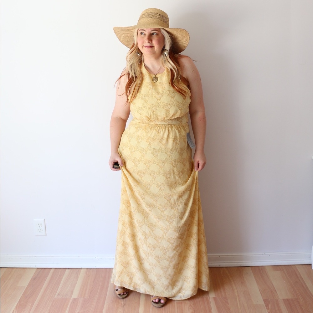 Lush Maxi Dress Yellow Floral Halter Open Back Flowy Summer SundressXL NWT